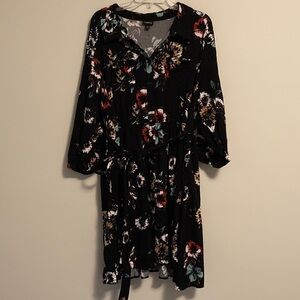 Torrid Black Floral Long Sleeve Dress with waist tie